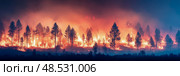 Wildfire Devastation: A blazing inferno engulfs a forest landscape, highlighting the destructive power of uncontrolled flames and environmental impact. Стоковое AI-изображение, AI-художник Данила Большаков / Фотобанк Лори