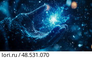 Hands cradling a luminous sphere of energy, representing hope and cosmic power. Стоковое AI-изображение, AI-художник Данила Большаков / Фотобанк Лори