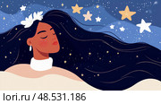 Dreamy Night: A woman with flowers in her hair amidst a starry expanse, conjuring a tranquil and serene atmosphere. Стоковое AI-изображение, AI-художник Данила Большаков / Фотобанк Лори