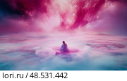 Contemplation in Celestial Dreams: A serene woman on a cloud amidst swirling pink skies, seeking solace and inspiration. Стоковое AI-изображение, AI-художник Данила Большаков / Фотобанк Лори