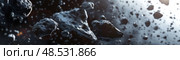Numerous asteroids drift through space, amidst dust and smaller particles. Стоковое AI-изображение, AI-художник Данила Большаков / Фотобанк Лори