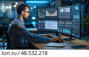 A financial analyst is focused on interpreting extensive data depicted across multiple computer monitors in a modern office setting after hours. Стоковое AI-изображение, AI-художник Данила Большаков / Фотобанк Лори