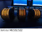 Captains bridge control panel with engine order telegraphs. Стоковое фото, фотограф EugeneSergeev / Фотобанк Лори