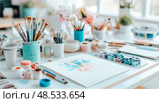 Artistic Workspace: Paintbrushes, Paints, and Canvas Ready for Creation. Стоковое AI-изображение, AI-художник Данила Большаков / Фотобанк Лори