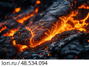 Поток раскалённой лавы крупным планом. Стоковое AI-изображение, AI-художник Александр Жуков / Фотобанк Лори