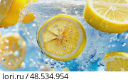 Lemon slices splash into sparkling water, creating a refreshing and vibrant citrus drink. Стоковое AI-видео, аниматор Данила Большаков / Фотобанк Лори