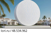 A white, minimalist sphere stands amongst palm trees and modern architecture in a sunny, tropical landscape. Стоковое AI-видео, аниматор Данила Большаков / Фотобанк Лори