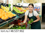 Female seller in apron chooses juicy bell pepper. Стоковое фото, фотограф Яков Филимонов / Фотобанк Лори