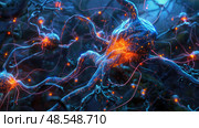 Glowing neurons interconnected by synapses illustrate the firing of electrical impulses in the human brain. Стоковое AI-изображение, AI-художник Данила Большаков / Фотобанк Лори