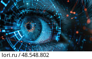 A close-up view of a persons eye with a digital HUD interface superimposed, symbolizing advanced biometric identification or cybernetic enhancements. Стоковое AI-изображение, AI-художник Данила Большаков / Фотобанк Лори