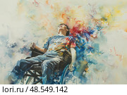 A person in a wheelchair appears to be transcending physical limitations through a burst of vibrant colors. Стоковое AI-изображение, AI-художник Данила Большаков / Фотобанк Лори