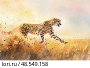 A cheetah, the fastest land animal, sprinting through a vast field in a dynamic display of speed and agility. Стоковое AI-изображение, AI-художник Данила Большаков / Фотобанк Лори