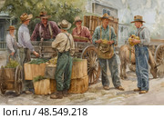 Farmers barter and examine corn at an outdoor market with wooden carts and cobbled streets. Стоковое AI-изображение, AI-художник Данила Большаков / Фотобанк Лори