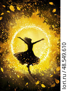 A woman in motion, dancing in front of a vibrant yellow circle, showcasing energy and movement. Стоковое AI-изображение, AI-художник Данила Большаков / Фотобанк Лори