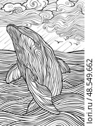 A realistic drawing of a whale leaping out of the ocean, showcasing its massive size and power. Стоковое AI-изображение, AI-художник Данила Большаков / Фотобанк Лори