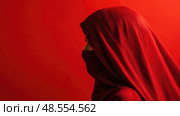 veiled mysterious woman red background ai generated. Стоковое AI-изображение, AI-художник Vectorwin / Фотобанк Лори