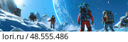 A team of astronauts trek through the snow, with a massive planet looming in the sky above. Стоковое AI-изображение, AI-художник Данила Большаков / Фотобанк Лори