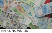 euro, dollar, rubles banknotes lying on black Ukraine russia usa flag, concept. Стоковое видео, видеограф Olesia Kondrateva / Фотобанк Лори
