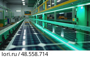 A clean energy factory, solar panels being assembled on a conveyor belt, with green lighting accents symbolizing sustainability. Стоковое AI-видео, аниматор Sergey Grishin / Фотобанк Лори
