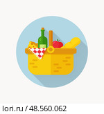 Picnic basket flat icon on round button. Vector. Стоковая иллюстрация, иллюстратор Юлия Малиновская / Фотобанк Лори