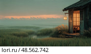 Tranquil Evening Light Bathes a Rustic Cabin by the Marshland at Dusk. Стоковое AI-изображение, AI-художник Юлия Гапеенко / Фотобанк Лори