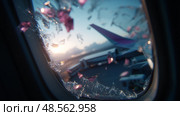 Window view with shattered glass showing an airplane wing and sunrise in the background at an airport. Стоковое AI-изображение, AI-художник Сергей Толмачёв / Фотобанк Лори
