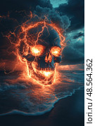 A fiery skull rises from turbulent sea waves as ominous clouds swirl and crackle with electric energy during twilight. Стоковое AI-изображение, AI-художник Данила Большаков / Фотобанк Лори