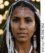A young Aboriginal woman stands confidently, celebrating her cultural heritage with intricate body art and traditional accessories against a soft, shimmering backdrop Generative AI. Стоковое AI-изображение, AI-художник Юлия Петровская / Фотобанк Лори