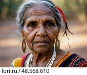 A wise Aboriginal Australian woman stands proudly, her face etched with life experiences and stories Generative AI. Стоковое AI-изображение, AI-художник Юлия Петровская / Фотобанк Лори