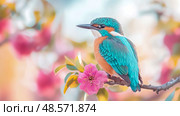 Kingfisher Jewel: A Brilliant Bird Amidst Spring Blossom - Nature’s Elegant Composition. Стоковое AI-изображение, AI-художник Данила Большаков / Фотобанк Лори