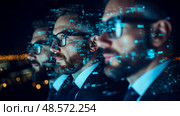 Data Visionaries: Trio of Tech Leaders Envisioning the Future with Augmented Reality, for Technology concept. Стоковое AI-изображение, AI-художник Данила Большаков / Фотобанк Лори