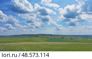 Summer landscape with cloudy sky, view from hill, timelapse, 4k. Стоковое видео, видеограф Михаил Коханчиков / Фотобанк Лори