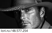 A man wearing a wide-brimmed hat, accentuated by glistening raindrops and a serious expression conveying depth and character. Стоковое AI-изображение, AI-художник Данила Большаков / Фотобанк Лори