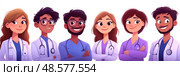 Six healthcare workers of various backgrounds stand confidently, smiling in a well-lit setting, showcasing camaraderie and teamwork in medicine. Стоковое AI-изображение, AI-художник Данила Большаков / Фотобанк Лори