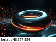 A sleek torus with a polished metallic finish, surrounded by glowing neon particle trails, created by ai. Стоковое AI-изображение, AI-художник Виталий Сова / Фотобанк Лори