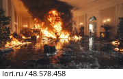 A fierce fire consumes a lavish room, with flames and smoke dominating the environment, creating a scene of utter destruction and despair. Стоковое AI-изображение, AI-художник Данила Большаков / Фотобанк Лори