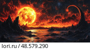 An otherworldly vista showcases two radiant suns illuminating jagged mountain peaks amid swirling clouds on an alien planet. Стоковое AI-изображение, AI-художник Данила Большаков / Фотобанк Лори