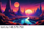 A surreal alien landscape with twin suns and a glowing river conveys themes of exploration, otherworldly beauty and cosmic imagination. Стоковое AI-изображение, AI-художник Ольга Сухарева / Фотобанк Лори