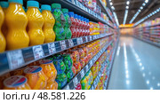 Brightly colored bottles of fruit-flavored beverages line a supermarket aisle, enticing shoppers with vibrant hues and refreshing options. Стоковое AI-изображение, AI-художник Данила Большаков / Фотобанк Лори