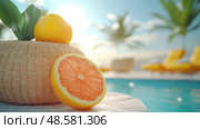 A vibrant orange and its sliced counterpart rest on a woven basket next to a sparkling pool, surrounded by tropical plants and sunshine. Стоковое AI-изображение, AI-художник Данила Большаков / Фотобанк Лори