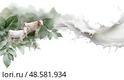 Two dairy cows emerging from splash of milk with white flowers. Две дойные коровы, выходящие из брызг молока с белыми цветами. Стоковое AI-изображение, AI-художник Katsiaryna Repich / Фотобанк Лори