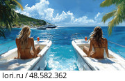 Women sunbathe on boats while sipping tropical drinks, surrounded by breathtaking water and a lush, sunny coastline. Стоковое AI-изображение, AI-художник Данила Большаков / Фотобанк Лори