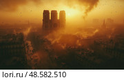 A haunting sunset casts an orange glow over a ruined city, with smoke billowing from destruction and shadows of buildings rising ominously. Стоковое AI-изображение, AI-художник Данила Большаков / Фотобанк Лори
