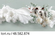Two dairy cows emerging from splash of milk with white flowers. Две дойные коровы, выходящие из брызг молока с белыми цветами. Стоковое AI-изображение, AI-художник Katsiaryna Repich / Фотобанк Лори