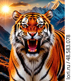 Tiger (lat. Panthera Tigris) is a predatory mammal of the cat family, one of the five types of the Panther clan belonging to the subfamily of large cats. Стоковое AI-изображение, AI-художник Сергей Елизарьев / Фотобанк Лори