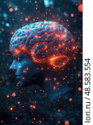 A luminous brain silhouette blends seamlessly with a side profile of a person amidst a mesmerizing cosmic backdrop filled with shimmering lights. Стоковое AI-изображение, AI-художник Данила Большаков / Фотобанк Лори