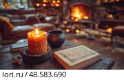 Soft candlelight illuminates a vintage book resting on a rustic table in a warm reading space near a crackling fireplace. Стоковое AI-изображение, AI-художник Данила Большаков / Фотобанк Лори