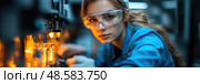 A young woman in safety attire meticulously operates laboratory equipment while focusing on her experiment in a low-light environment. Стоковое AI-изображение, AI-художник Данила Большаков / Фотобанк Лори