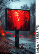 The vibrant red billboard illuminates the damp street, creating an unsettling contrast with the surrounding dark trees at dusk. Стоковое AI-изображение, AI-художник Данила Большаков / Фотобанк Лори