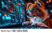 A dog with glasses focuses on a computer, its paws on the keyboard as vibrant screens illuminate the dark space around it. Стоковое AI-изображение, AI-художник Данила Большаков / Фотобанк Лори